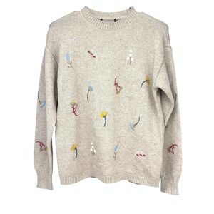 CHARLIE B  Oatmeal Beige Embroidered Floral Crewneck Sweater S